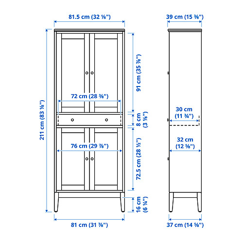 IDANÄS High cabinet w gls-drs and 1 drawer, white, 317/8x153/8x831/8 - IKEA